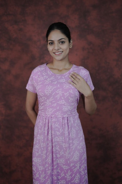 Zipless Feeding Gown-Light Violet White Leaf Design