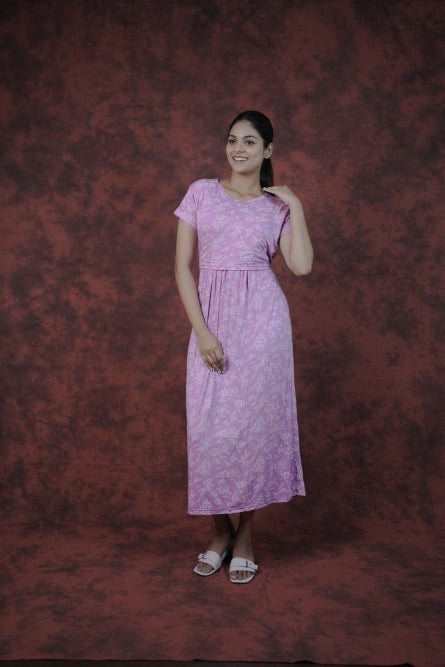 Zipless Feeding Gown-Light Violet White Leaf Design