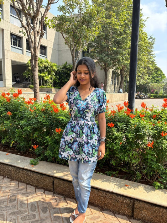 Dark Blue Floral Shirt tops