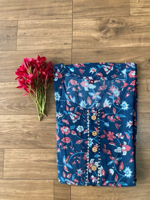 Dark blue with pink flower feeding kurti-FK18