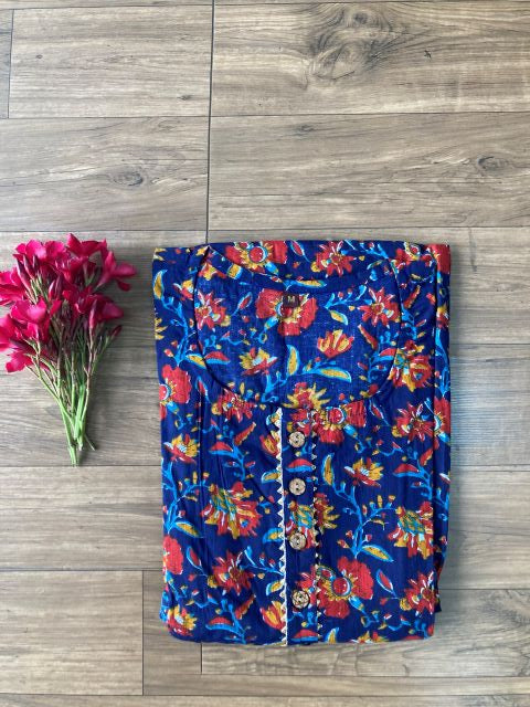 Dark blue with red flower feeding kurti-FK19