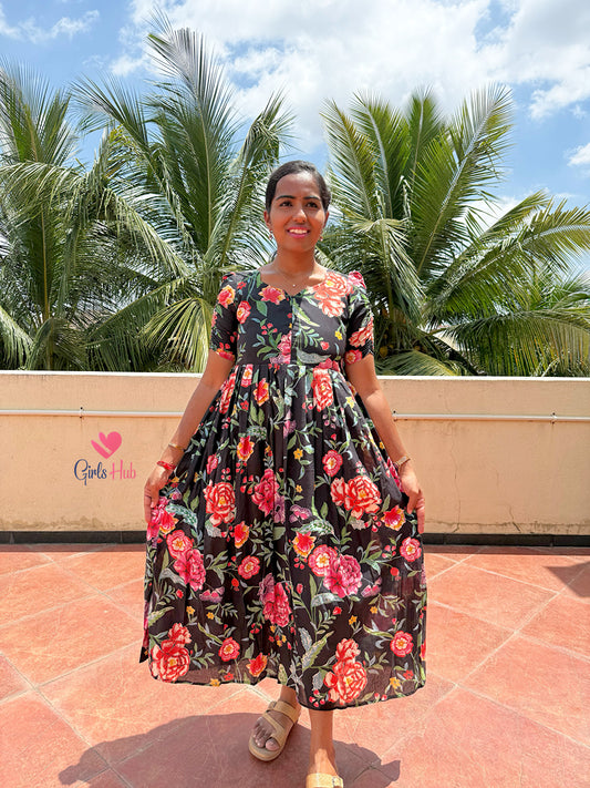 BLACK FLORAL 'CENTER ZIP'-FM-144