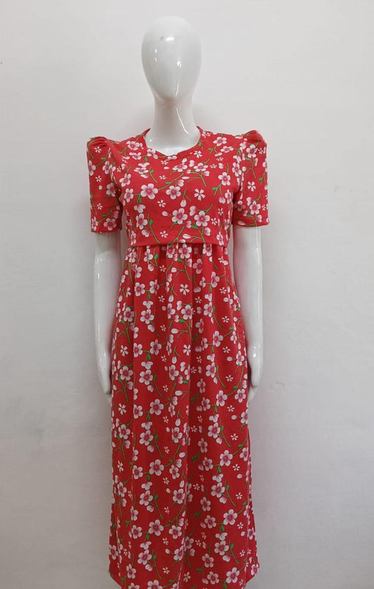 RED WITH FLOWER-FG-58 ZIPLESS FEEDING GOWN
