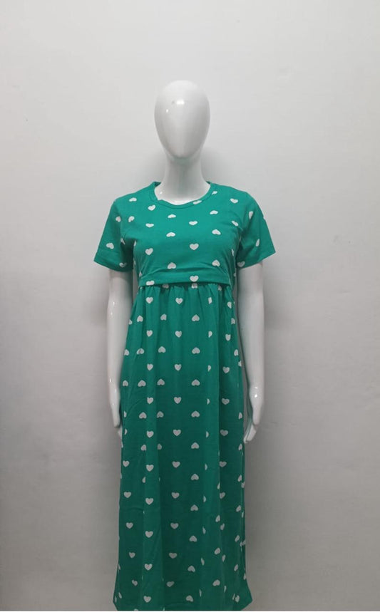 GREEN WHITE HEART-FG-61 ZIPLESS FEEDING GOWN