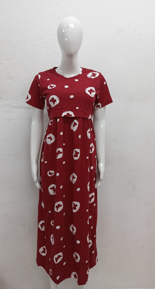 MAROON WHITE BUTTERFLY-FG-74 ZIPLESS FEEDING GOWN