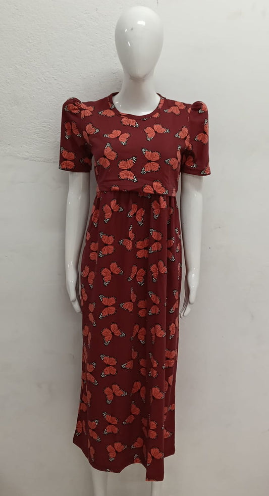MAROON ORANGE BUTTERFLY-FG-71 ZIPLESS FEEDING GOWN