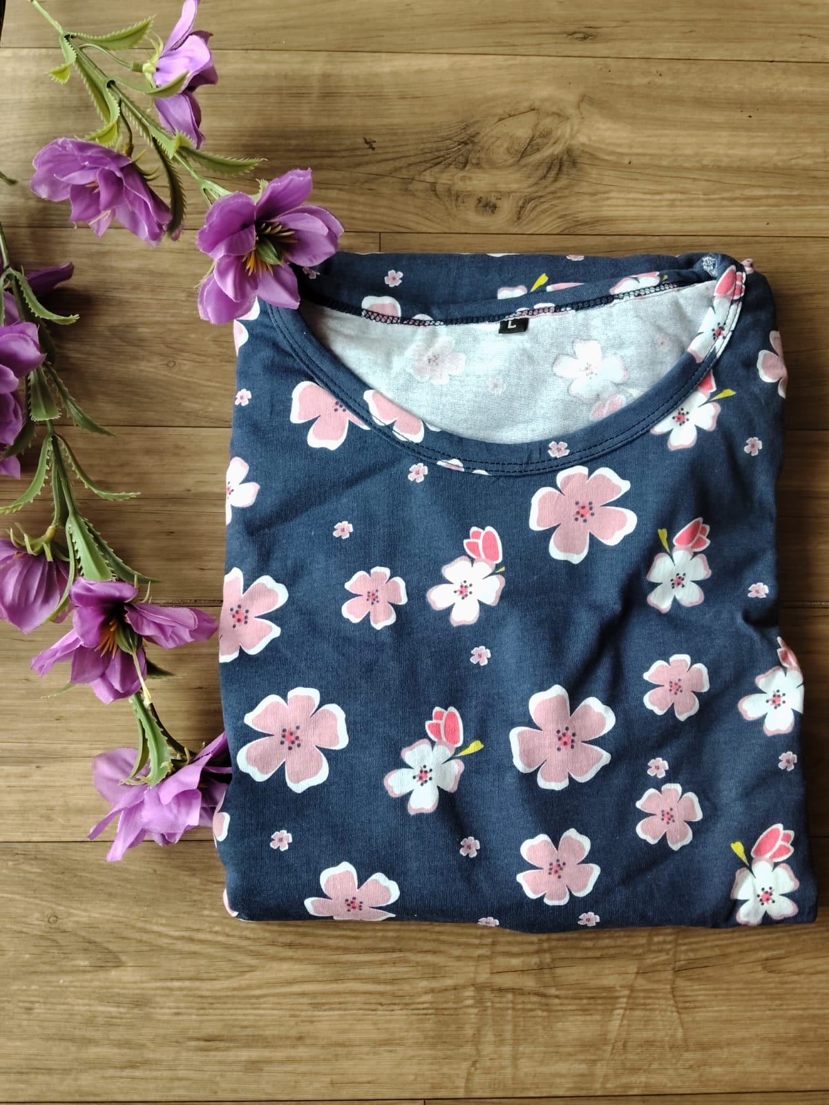 NAVY BLUE PEACH FLOWERS ZIPLESS GOWN-FG-32